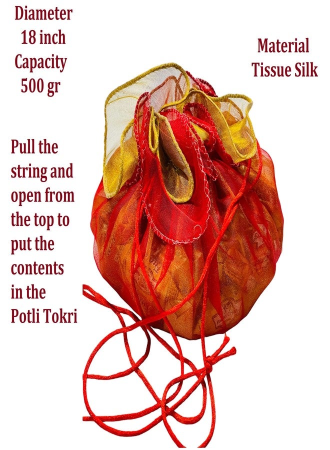 Moira 6pcs Tissue Silk Potli Tokri Drawstring Closure for Gifting, Jewellery Storage, Shagun (Medium 18 inch, Red) - Image 2